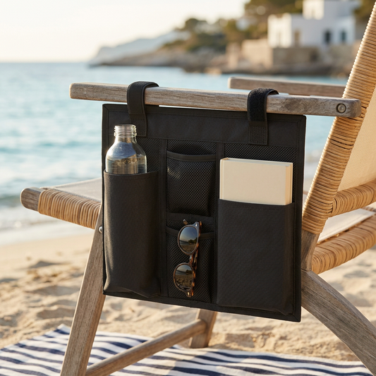 DryMeshSack Multi-Pocket Mesh Hanging Organizer mounted on beach chair lifestyle view
