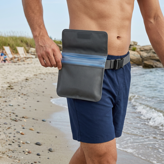 DryMeshSack Triple-Seal Waterproof Waist Pack Pouch shoreline lifestyle view
