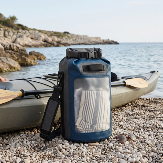 DryMeshSack 15L clear view roll-top dry bag beach lifestyle view