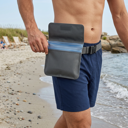 DryMeshSack Triple-Seal Waterproof Waist Pack Pouch shoreline lifestyle view