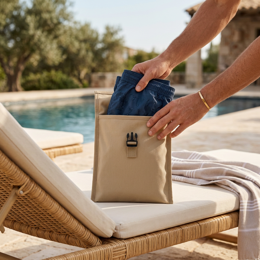 DryMeshSack Compact Roll-Up Wet Swimsuit Pouch poolside lifestyle view