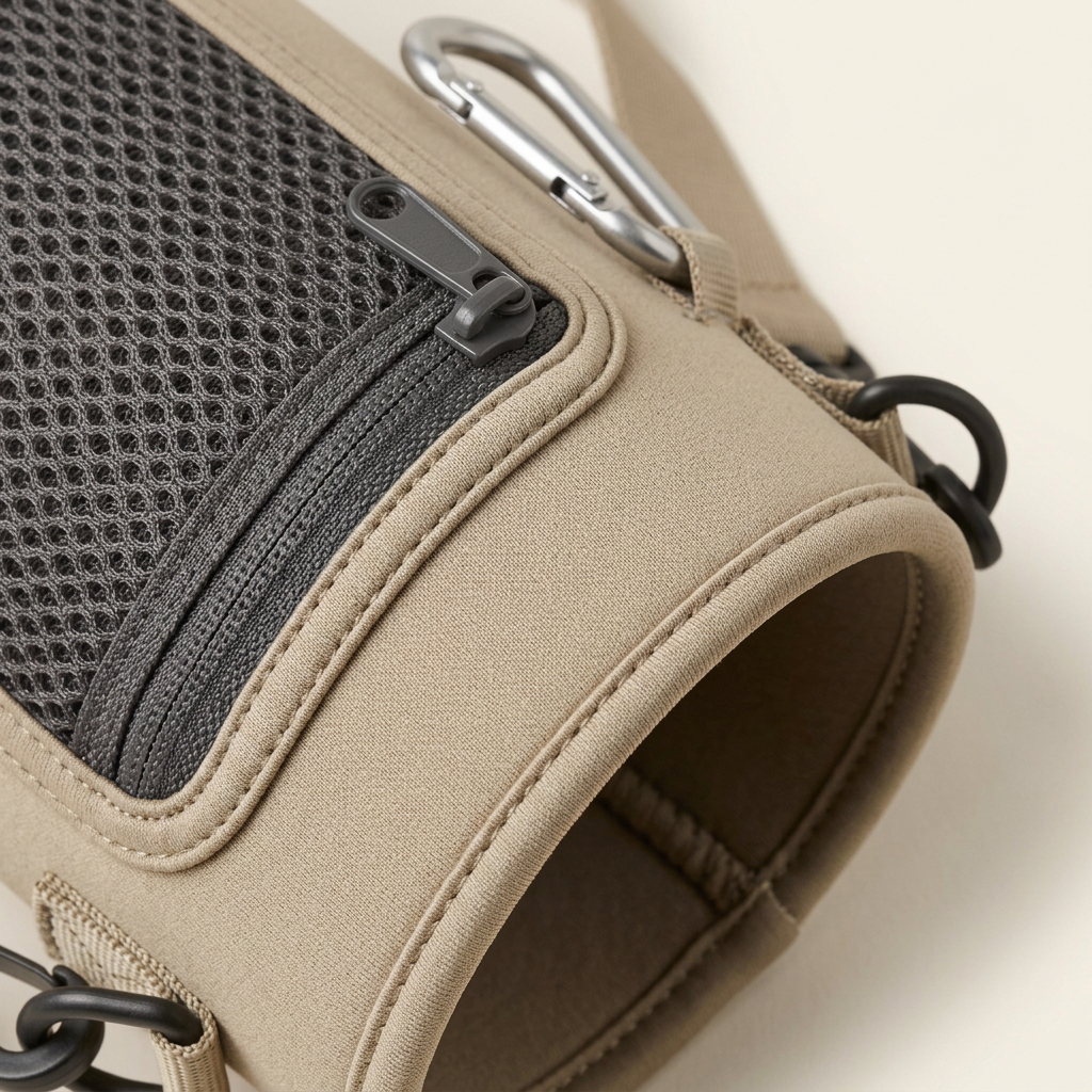 DryMeshSack Insulated Bottle Sleeve with Mesh Pouch neoprene and zipper pocket detail
